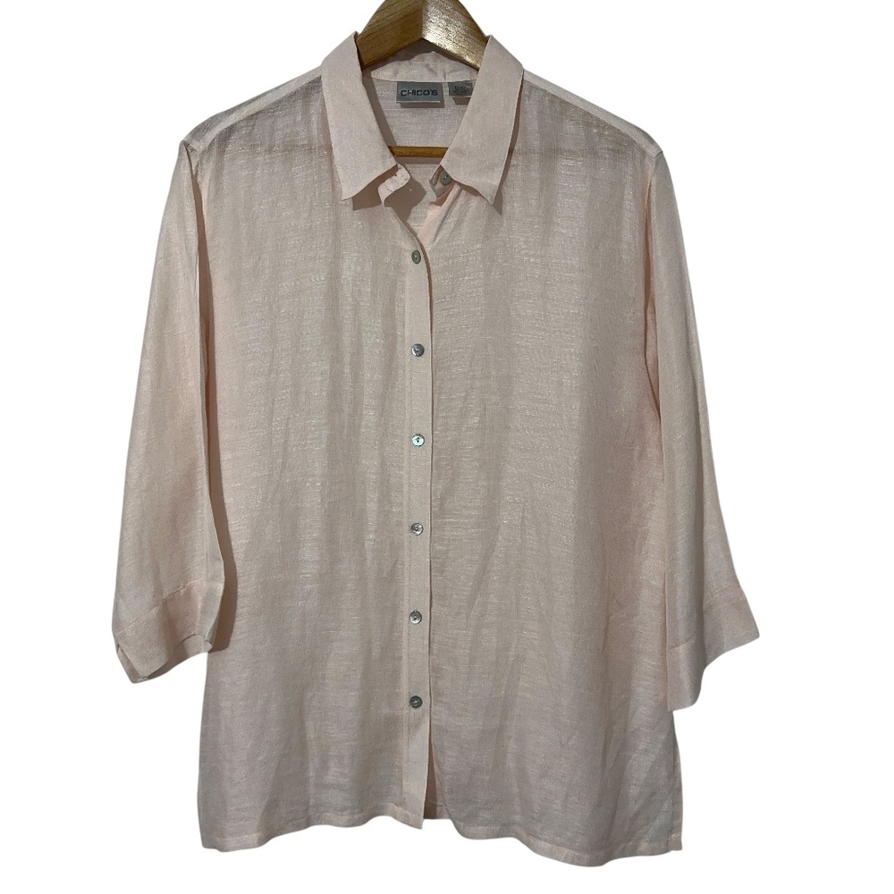 Chicos Silk Linen Bld Shirt Womens Size 2 (M) Mother of Pearl Button Lightweight